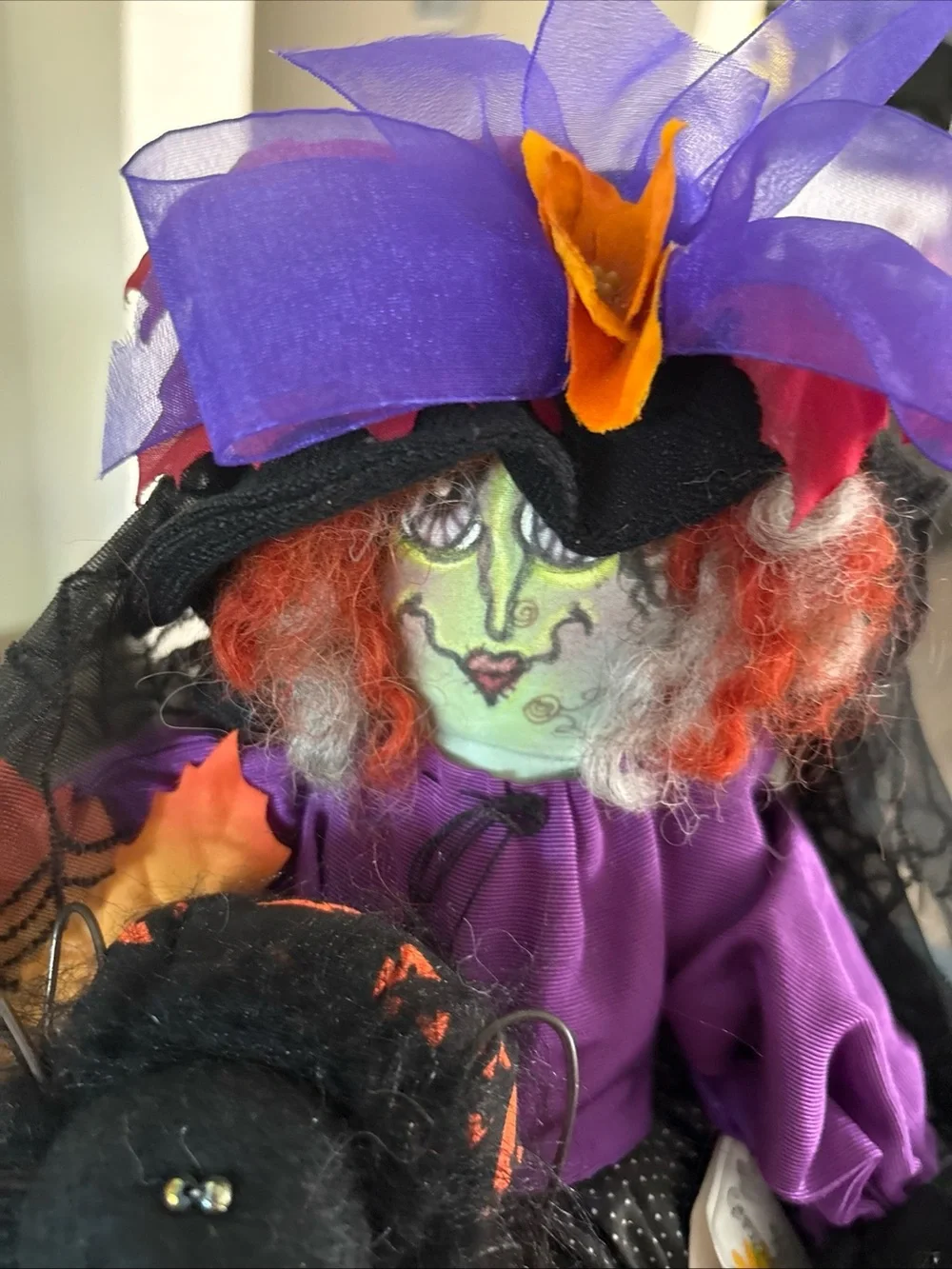 Adorable Large Green Witch Shelf Sitter With Pet Spider.  Hanade